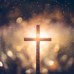 Wall Mural - Beautiful gold bokeh background with a christian cross