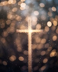 Wall Mural - Beautiful gold bokeh background with a christian cross