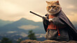 funny fat cat wearing samurai uniforms, blur Fuji montain, japan background. AI Generative