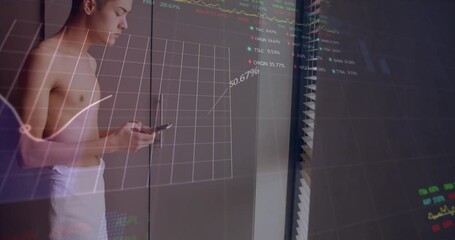 Poster - Animation of trading boards over biracial man standing near window on making call using cellphone