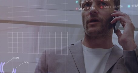 Poster - Animation of graphs and trading boards over caucasian man standing and talking on smartphone