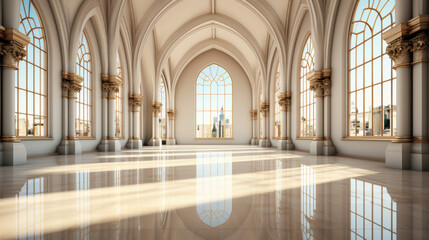 Large bright hall in gothic style. Luxury empty interior