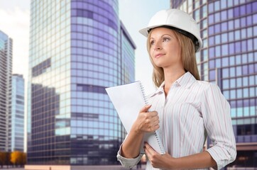 Wall Mural - Engineer worker woman holding plans at construction site, AI generated image