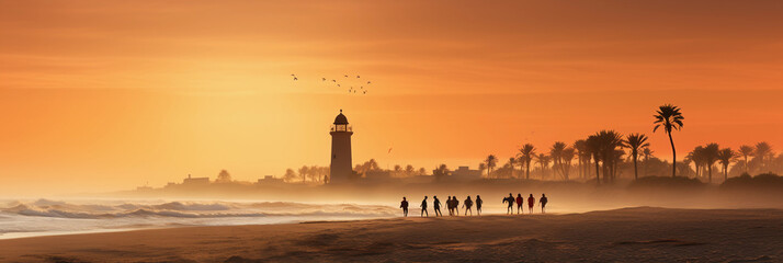 Wall Mural - Ancient lighthouse inspired by the Lighthouse of Alexandria, sandy beach, camels and palm trees, historical attire, sunset