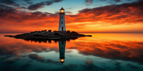 Modern lighthouse silhouette during a fiery sunset, minimalistic design, dramatic clouds, reflection in tranquil water