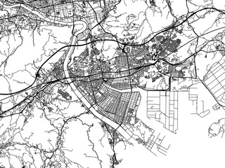 Vector road map of the city of  Fukuyama in Japan with black roads on a white background. 4:3 aspect ratio.