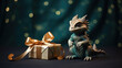 small cute baby dragon with a gift box on a background of lights, new year, symbol 2024, chinese calendar, christmas tree toy, eve, holiday, ribbon, bow, figurine, dinosaur, mythical animal, gold