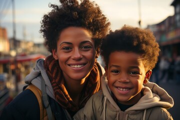 Close-up portrait of a beautiful woman and her son against the backdrop of a city fair and amusement park. Cheerful, smiling mother and boy relaxing and enjoying their time. Leisure and entertainment.