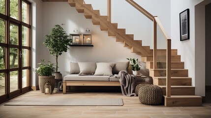 Wall Mural - Scandinavian interior design showcases the modern entrance hall with a grid door, a staircase, and rustic wooden accent pieces, creating a welcoming and stylish atmosphere