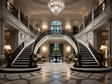 Elegant Foyer With Grand Staircase And Chandelier