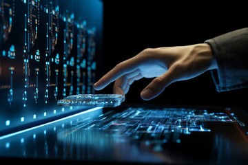 Wall Mural - futuristic abstract image of human hand touching an information digital environment. hand permeated 