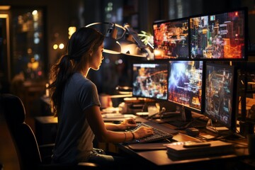 Poster - Female IT specialist sits in a dark office and looks at several monitors with her hands on the keyboard. Young girl is engaged in testing websites, debugging programs, expert development, coding.
