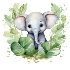 Wall Mural - Happy cute baby elephant in green leaves in the watercolor style.