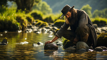 A prospector panning for gold in a river, with the serene natural surroundings contrasting the pursuit of valuable minerals