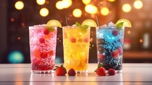 Set Of Three Vibrant Summer Bubble Teas, Including Pink Berry, Yellow Citrus, And Green Mint, With Tapioca Balls And Crushed Ice, On A Background Of Vibrant Tiles.