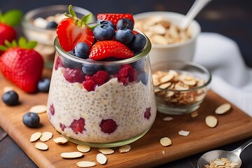 mixed berries overnight oats with almond flakes in a glass jar, healthy breakfast.