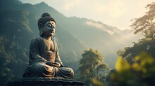 Close-up Of The Buddha Statue In The Lotus Position. With A View Of The Forest And Mountains