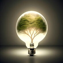 Representation Of Green Energy With Tree Growing Within A LED Light Bulb To Combat Global Warming.  Generative AI