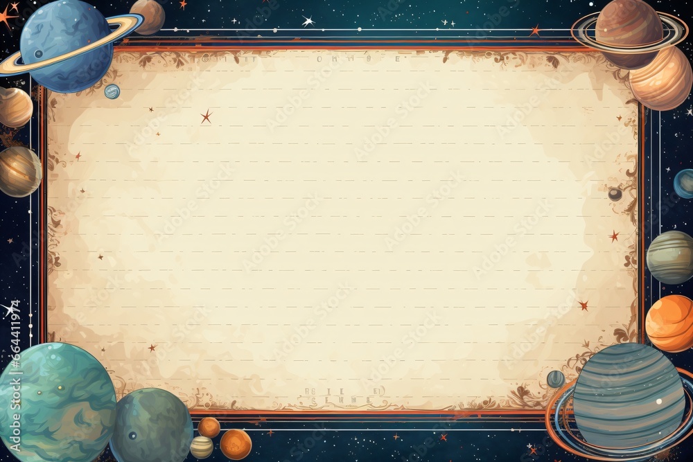 Space and cosmology theme greeting card design with frame and borders ...