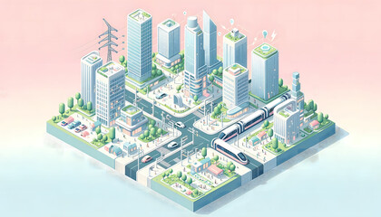 Smart cityscape with buildings and technology in isometric style. Future lifestyle idea. Generative AI.