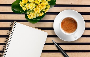 Wall Mural - Blank paper for goals list and coffee cup on desk