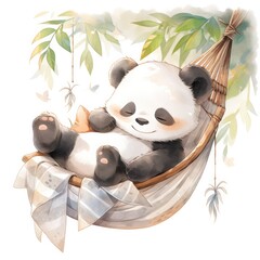 Wall Mural - A sleepy baby panda in a hammock. watercolor illustration.