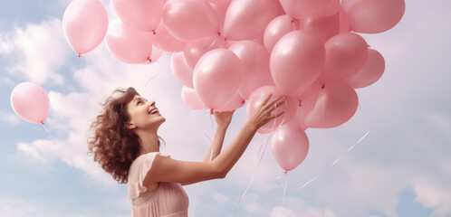 A young smiling woman in a pink dress releases pastel pink balloons into the sky, symbolizing emotional well-being and happiness.