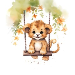 Wall Mural - Cute happy baby lion on swings attached to the tree in watercolor style.