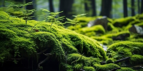 Wall Mural - Green moss closeup, with a backdrop of woodland.  Forest in the national park.