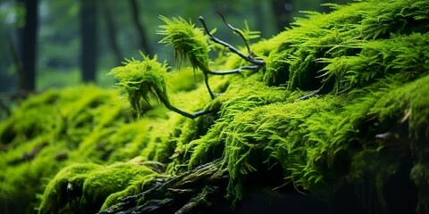 Wall Mural - Green moss closeup, with a backdrop of woodland.  Forest in the national park.