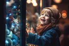 A Young Excited Child Looking Into The Window Of A Shop Decorated For Christmas And The Holidays