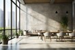 Contemporary coworking space with concrete interior, furniture, city view, natural light, and a blank wall. Representing a corporate environment. Generative AI