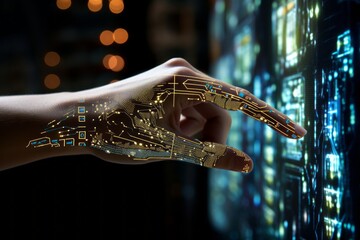Wall Mural - futuristic abstract image of human hand touching an information digital environment. hand permeated 