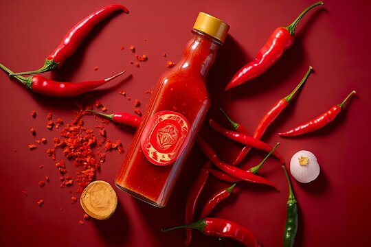 tabasco hot pepper sauce with red chili pepper, flat lay.