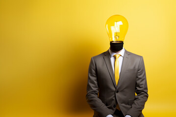 Businessman having idea, light bulb instead of head. Tips and information. Clean yellow background. Copy space. Generative AI