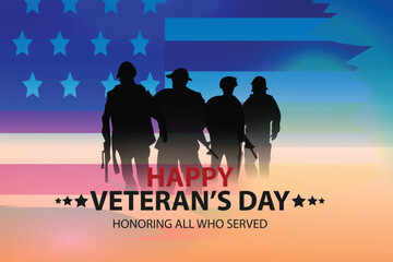 Wall Mural - Veteran's day poster and banner commemorating American army veterans day November 11 with soldier silhouette and flag vector template