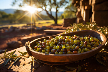 Wall Mural - Rustic, sun-kissed olive orchard with baskets brimming with freshly harvested olives ready for pressing.