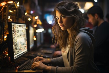 Poster - Female IT specialist sits in a dark office and looks at several monitors with her hands on the keyboard. Young girl is engaged in testing websites, debugging programs, expert development, coding.