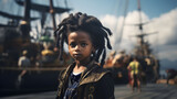 little black boy in a pirate costume for a birthday party, pirate kid, children in costume, halloween costume party, on the deck of a ship, historical costume, young pirate, kid pirate