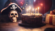 Chocolate birthday cake with candles and pirate decoration, birthday party for children with skull and balloons, gifts and candles, cake for halloween, pirate party, homemade food, sweet food
