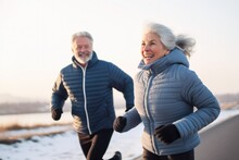 Full Body Senior Woman And Man Running Outdoors In Winter Park