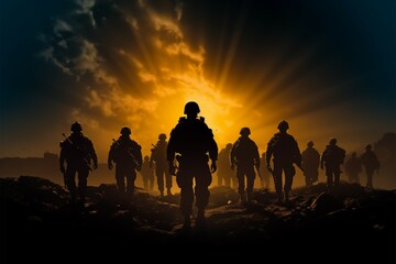 Wall Mural - Silhouetted army soldiers command attention with their unwavering presence