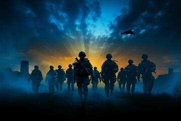 Wall Mural - Silhouetted army soldiers, Defenders of Dusk, stand strong in twilight