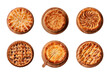 Collection of different tasty pies on wooden board isolated on transparent background, top view