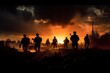 Soldiers silhouettes etched on a backdrop of chaotic battlefield drama