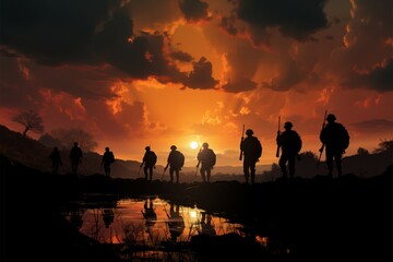 Wall Mural - Troops silhouettes painted against the tranquil hues of a setting sun