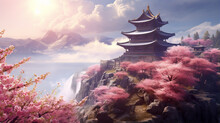 Stunning Mountain View Of Asian Temple Amidst Mist And Blooming Sakura Trees In Misty Haze Symbolizing Harmony Between Nature And Spirituality, Breathtaking Allure Of Nature