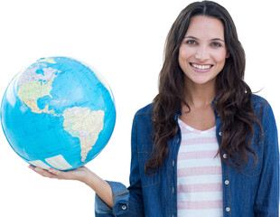 Sticker - Digital png photo of happy biracial woman with globe on transparent background