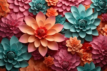 Wall Mural - Vibrant floral backdrop with lovely pastel flowers in pink, orange, and teal. 3D rendering. Generative AI