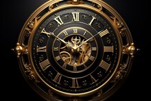 Illustration of vintage clock on black background with golden abstract element. 3D design. Generative AI